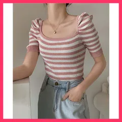 ★スタッフおすすめ★タックスリーブボーダーニットトップス  ☆タックスリーブで女性らしさ満点☆肩にタックを寄せて立体 上品　おすすめ おしゃれ　★売れ筋★　人気 高見え　高級感