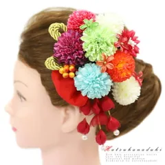 髪飾り 成人式 赤 振袖 袴 花 2点セット 白 ピンク オフホワイト 緑 黄緑 赤紫 ゴールド オレンジ リボン ちりめん 組紐 下がり No.12-0016