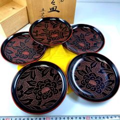 輪島塗 沈朱 牡丹彫 縁金 銘々皿 菓子皿 5客 稲忠漆芸堂 本堅地布着請