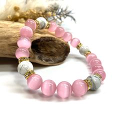 キャッツアイ(ピンク)×ハウライト パワーストーン ブレスレット  (ゴールド) メンズ・レディース　男性・女性　数珠ブレス 開運 [23]