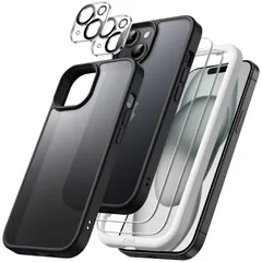 【新着商品】耐衝撃スマホカバー 半透明背面 5枚セット (ブラック) 2枚強化ガラスフィルム+2枚カメラレンズフィルム付き マットケース 6.1インチ用 15 iPhone 1 in 5 JEDirect