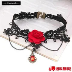 チョーカー ネックレス アクセサリー 赤バラ 花 黒 ブラック レース チェーン