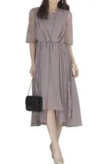 [アウニイ] パーティ ワンピース ドレス レディース 結婚式およばれワンピース レース 刺繍 五分袖 パーティードレス お呼ばれ フィッシュテール シフォンドレス 春 服 夏 ネイビー 一.五次 [グレージュ / フィッシュテール / 319104] [S]