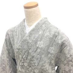 未着用 白大島紬 アンサンブル 小紋 牡丹 観世水 花模様 着物 046k