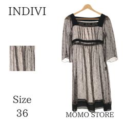 INDIVI インディヴィ ワンピース ひざ丈 スクエアネック 七分丈 レース フレア レディース 総柄 ブラック ピンク 36
