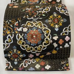 H-648 袋帯 正絹 お太鼓柄 金糸 箔 華模様 花丸模様 扇柄 金 袋帯 名品 琳派三十六華扇 金糸 箔 金色 お太鼓柄 正絹 【中古