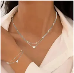 ハートチャーム＆パール風ビーズ付き ネックレス＆ブレスレットセット【シルバー】