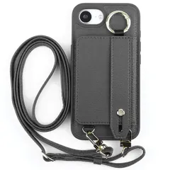 iPhone 16e ケース 肩掛け ストラップ付 カード バンド レザー ケース 【Color】ブラック