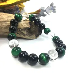 水晶×グリーンタイガーアイ×オニキス パワーストーン ブレスレット 10mm  天然石 メンズ・レディース　男性・女性　数珠ブレス　開運 [17]