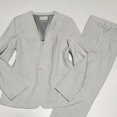 【極美品】PLST　リネンブレンド ノーカラー ワイドパンツ セットアップ　Мサイズ　ライトグレー　1ボタン 1B　ストレッチ素材　カラーレス　速乾性