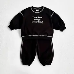 ☆ブラック90cm☆スウェットセットアップ　英字ロゴ入り　トレーナー　パンツ　キッズ　子供　防寒　おしゃれ　韓国子供服