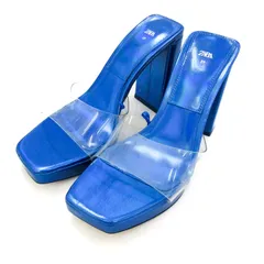 ザラ ミュール サンダル ハイヒール スクエアトゥ クリア 靴 レディース 37サイズ ブルー×透明 ZARA 【中古】