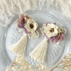 2点セット｡:+*　タッセル×ドライフラワー髪飾り 帯飾り 被布飾り / 白 ピンク　パープル アネモネ /  大人こども兼用 / やっとこピン＆安全ピン2way ヘアアクセサリー コサージュ / 成人式 七五三 浴衣 着物