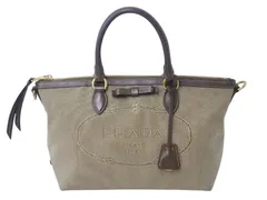 PRADA プラダ ロゴジャガード トートバッグ ハンドバッグ 1BA104 トライアングルロゴ カーキベージュ ブラック 美品 中古 4b002984