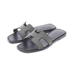 エルメス HERMES サンダル オラン BK/シルバー レザー オラン レディース Used A