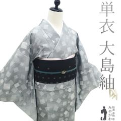 【中古】 本場大島紬 単衣 着物 リサイクル 正絹 春 秋 大島紬 織絣 横双 グレー 流水 色紙散らし カジュアル 紬 つむぎ 仕立て上がり 身丈160 裄丈64 細身 Ｍサイズ みやがわ sb15972