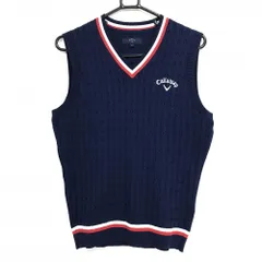 【超美品】キャロウェイ ニットベスト ネイビー×白 前身頃ケーブル編み Vネック ポリエステル100％ メンズ M ゴルフウェア Callaway