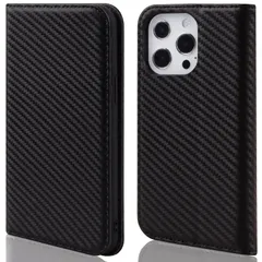 VISOUL iPhone 13Pro Max ケース 手帳型 本革 カーボンレザー 全面保護 マグネット式 カード収納ケース 横置きスタンド機能付き手帳型ケース iphone 13ProMax対応 6.7インチ アイフォン13Pro Max ブラック