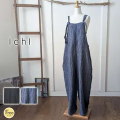 ICHI イチ 麻デニムサロペットパンツ レディース 麻100% ロング丈 スクエアネック リボン結び ポケット付き ワイドシルエット カジュアル 春 夏