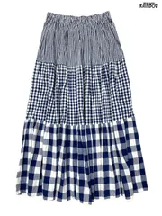 古着 アメリカ製 チェック柄 ギンガムチェック柄 コットン ロング丈 ティアード スカート 青 (btu2505003)