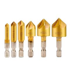 【人気商品】面取りビット ビット 6.35mm 六角軸 皿取錐ドリル HSS鋼 5フルート 下穴錐 6本セット 穴あけ工具 木工カッタ SeonFook バリ取り 電動ドリルセット(6/8/9/12/16/19mm)