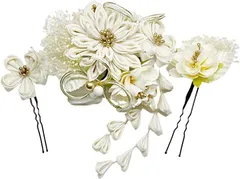 イナリ商事 つまみ細工 水引 ドライフラワー 成人式 髪飾り 卒業式 3点セット(ホワイト,  M)