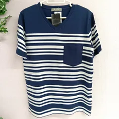[nano universe] ナノユニバース Vネック Tシャツ ボーダー メンズ 綿100％ カットソー タグ付き ネイビー ホワイト サイズS（い-85，シ ）