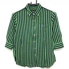 【美品】パーリーゲイツ 五分袖シャツ ライトグリーン×ネイビー ストライプ ボタンダウン レディース 1(M) ゴルフウェア PEARLY GATES
