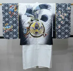 七五三 五歳 男児 羽織・着物・襦袢3点セット L寸 金刺繍 豪華絢爛 綸子地 白地×黒 鷹 お仕立て無料 祝着 NO37745-2