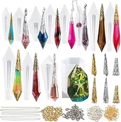 FUNSHOWCASE ペンデュラム シリコンモールド 12個セット 220個キット付 ビーズキャップ付き 水晶 天然石 鉱石 オルゴナイト UVレジン エポキシ樹脂 ペンダント キーチェーン ジュエリー パーツ 宝石 粘土