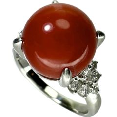 16号 血赤珊瑚/サンゴ11.3mm ダイヤモンド 0.35ct リング・指輪 Pt900プラチナ 8.7g レディース 【中古】【真子質店】【NN】