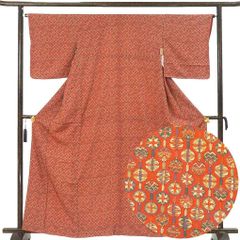 小紋 身丈164cm 裄65cm 前幅24cm 後幅30.5cm 袖丈49cm 袖幅33cm レディース 袷 鞠 裄Mサイズ 秋冬春用 正絹（シルク）ピンク トールサイズ 未使用品 リメイク リユース リサイクル【呉服のきくや】