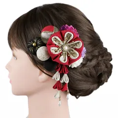 髪飾り 成人式 振袖 2点セット 赤 紫 黒 白 つまみ細工 玉飾り ちりめん さがり 梅 和柄 ビーズ コーム Uピン 京あそび 西陣 No.12-1040