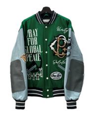 ファーストロウ FIRST ROW GLOBAL PEACE MULTI PATCHES VARSITY JACKET バーシティ ジャケット スタジャン キルティング アウター 灰 緑 ジャケット 刺繍 グリーン Lサイズ 104MT-1427