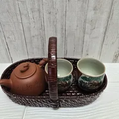 54【九谷焼】 湯呑み2客＆急須セット 茶器籠付き