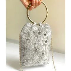 ☆ シルバー ☆ ビーズ刺繍パーティーバッグ  パーティーバッグ ビーズ 刺繍 レディース 手提げバッグ クラッチバッグ パーティーバック クラッチバック 手提げバック 手提げ バッグ バック ハンドル 丸 円 柄 ししゅう エレガント 華やか