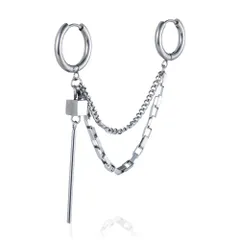 【★数量限定★】[Puente] チェーンピアス ステンレスピアス メンズピアス ピアス フープピアス リングピアス ロングピアス シルバーピアス チェーン 鎖 2連チェーン シルバー 銀色 銀 スティック バー リング 太目 太め 大ぶり 大きめ ステンレス