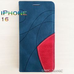 iPhone 16 ケース スマホ 手帳型 カードケース ツートンカラー 曲線模様 幾何学 ネイビー 紺 紺色 アイフォン