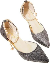 OZBERLI レディース パンプス 美脚 ハイ ピン ヒール 6cm 結婚 式 パーティー おしゃれ 可愛い パール ストラップ 華やか 女性 ドーセイ 結婚式 ハイヒール 大人(ブラック,  23.5 cm)