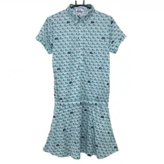 【超美品】ジャックバニー 半袖ポロワンピース ライトブルー×グリーン 英字総柄 ボタンダウン  レディース 2(L) ゴルフウェア Jack Bunny