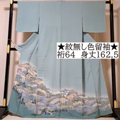 【色留袖】裄64 丈162.5 袖49.5　正絹　袷　紋なし　ライトブルー系色地に里山の風景　ほ19E03　k2503
