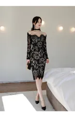 2色 オフショルダー タイトドレス 総レース フェミニン t143【0913】