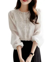 [Four leaf] 【華やかな刺繍×エレガント】 トップス ブラウス シャツ 春 秋 長袖 刺繍 レース レディース ノーカラー パフスリーブ バルーン袖 バルーンスリーブ シャツブラウス ゆったり (2XL, ホワイト) [ホワイト] [2XL]