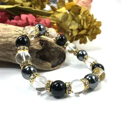 ヘマタイト×水晶×オニキス パワーストーン ブレスレット (ゴールド) 10mm メンズ・レディース　浄化済み △