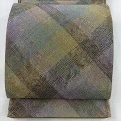 袋帯 秀品 斜め格子 金糸 鶯色 全通 正絹 【中古】