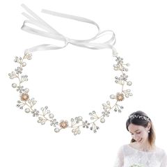 【人気商品】リボン 花冠 花飾り 花かんむり リボン パール 髪飾結婚式 パール 発表会 披露宴 カチューシャ 卒業式 パーティー 花 ダンス 髪飾り 和装 撮影 LUYING (ゴールド)