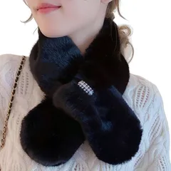 Magno(マグノ) ビジュー付き ファー ティペット レディース マフラー 防寒 暖かい ふわふわ スヌード かわいい カワイイ 可愛い おしゃれ オシャレ お洒落 トレンド 韓国 大きいサイズ シンプル(ブラック,  Free Size)