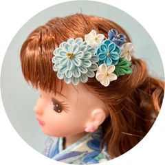 リカちゃん　つまみ細工　髪飾り　人形用　水色メイン