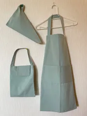 新品エプロン三角巾収納袋3点セットミントグリーン防水加工マジックテープ式名前タグ付き