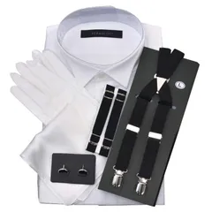 【新着商品】(首39cmゆき丈82cm) ウイングカラーシャツ小物5点セット【最強コスパ】チーフ（白プレーン）、カフスボタン黒、サスペンダー黒、アームバンド黒、手袋 タキシードステーション